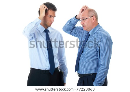 young and senior businessman scratch their heads, confused, thinking about something, isolated on white