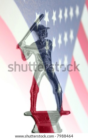 Baseball trophy and American flag