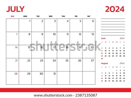 July 2024 Calendar. Week start on Sunday. Desk calendar 2024 design, simple and clean design, Wall calendar for print, digital calendar, Corporate design planner template vector.