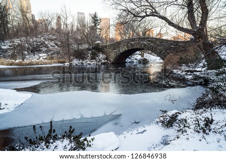Central Park, New York City Gapstow in winter after snow storm