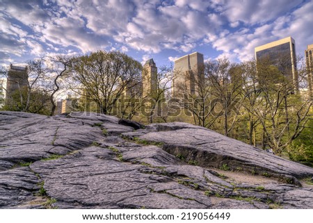 Standing on rocks in Central Park, New York City with view of 59th street and citiscape