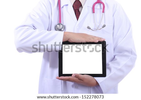 Doctor holding touch pad for check patient with white background