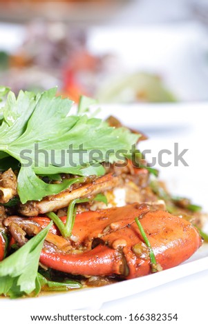 Close up fried Singapore chili mud crab in restaurant
