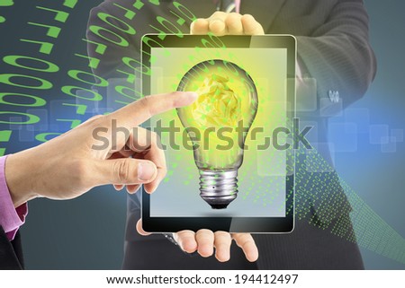 Businessman use finger touching ideafor presentation something with white background