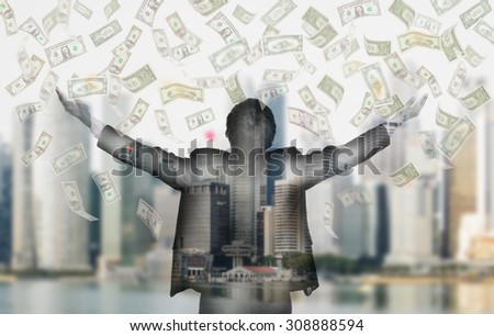 Businessman catching money with open arm with white background