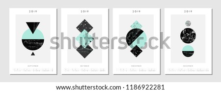 Four printable A4 size 2019 calendar templates for September, October, November and December. Abstract compositions with textured geometric shapes in black, gray and light blue. Minimalist and modern