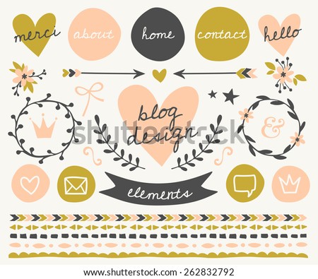 A set of trendy blog design elements in blush pink, green and dark gray. Buttons, wreaths, icons, arrows, decorative borders and text dividers.
