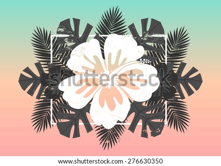 White hibiscus flower and black and white palm tree leaves exotic summer composition. Pastel blue, orange and pink ombre background. Modern poster, card, flyer, t-shirt, apparel design.