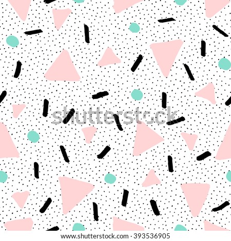 Hand drawn abstract pattern in black, pastel pink and mint green on white background. Seamless retro style repeating background.