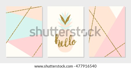 A set of abstract geometric design cards in light blue, cream, gold glitter and pastel pink. Modern and stylish  composition poster, cover, card design.