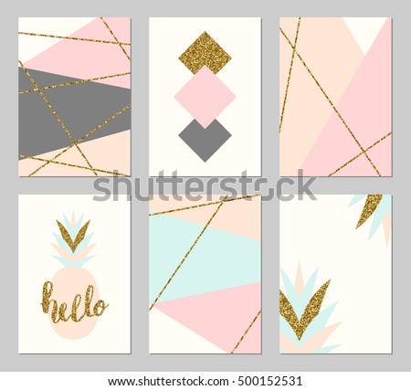 A set of six abstract geometric designs in gold glitter, gray, cream, light blue and pastel pink. Modern and original greeting card, invitation, poster design templates.