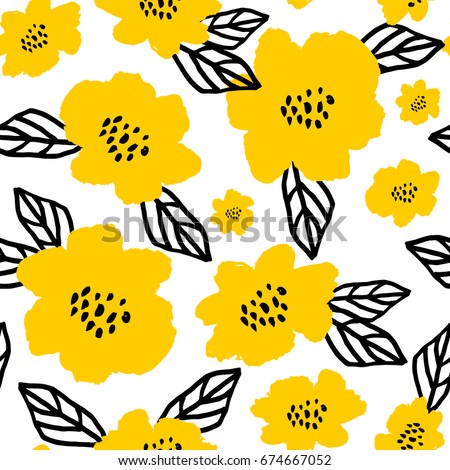 Seamless repeat pattern with flowers and leaves in black and yellow on white background. Hand drawn fabric, gift wrap, wall art design.