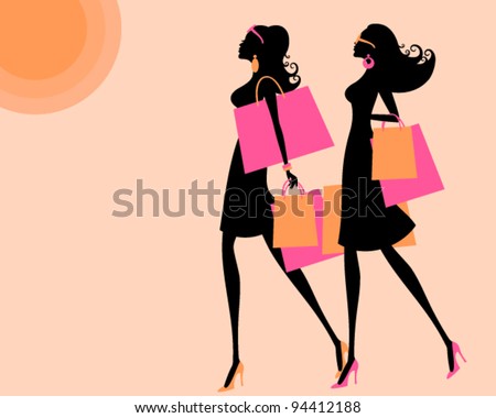 Vector illustration of two young women shopping on a hot summer say. The background and each one of the girls is grouped and placed on a separate layer.