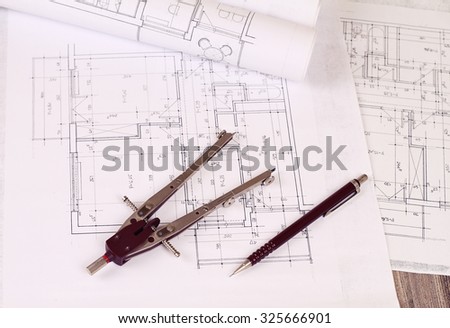 Architecture background: Construction plan tools and blueprint drawings , pen and  divider tool