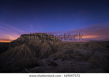 Blue hour over the desert of Bardenas, Spain