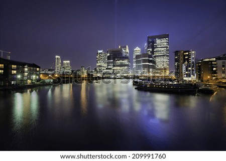 Skyline of Docklands, Canary Wharf, London, in a beautiful night