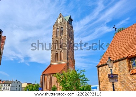 Image, Stock Photo Marienkirche in Wismar in the sunset.