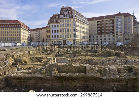 DRESDEN, SAXONY, GERMANY - MARCH 17, 2015: Dig site of cellars and basements of historical residential town houses, New Market Square, Dresden, Germany.