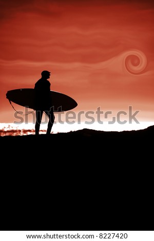 Surfer dreaming about the surf about to enter the surf at sunset on a cliff in Santa Cruz, CA.