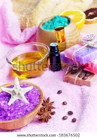 Spa setting with natural soap and sea salt closeup