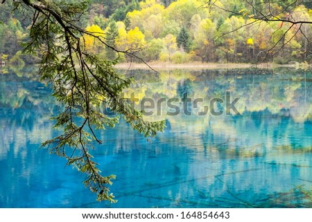 SICHUAN, REPUBLIC OF CHINA - OCTOBER 23: Visitors enjoy themselves with the autumn beauty of Multicolor Lake at Jiuzhaigou on October 23, 20013, China.