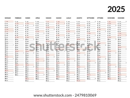 A full-year calendar for 2025 in Italian, displaying all months from January to December, with days of the week and holidays highlighted, simple and clear design.