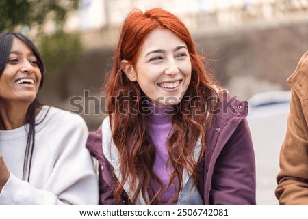 Similar – Image, Stock Photo Young Woman with Genuine Smile Standing on City Street