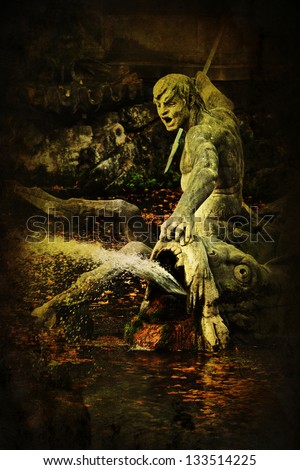 dark textured picture of a mystical sculpture of a man with a spear fighting with a big fish