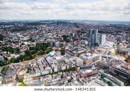 FRANKFURT, GERMANY - JUNE 30: aerial view of Frankfurt am Main on June 30, 2013 in Frankfurt. Frankfurt am Main is the fifth largest city in Germany with about 680.000 inhabitants.