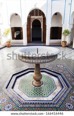 MARRAKESH, MOROCCO - NOVEMBER 15: courtyard in Bahia Palace on November 15, 2013 in Marrakesh. It was built in the late 19th century by the Grand Vizier of Marrakesh, Si Ahmed ben Musa (Bou-Ahmed).