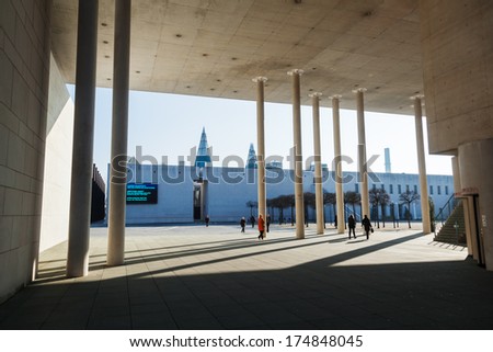 BONN, GERMANY - JANUARY 31: view from the museum of art to the art and exhibition hall of Germany with unidentified people on January 31, 2014 in Bonn. It\'s one of the ten most visited in Germany.
