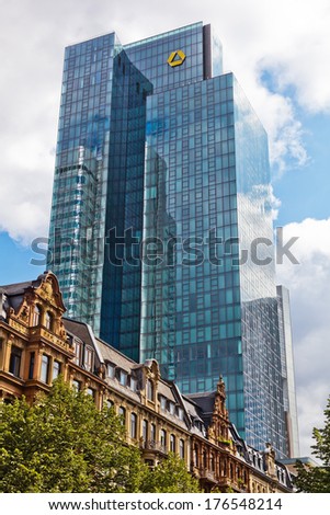 FRANKFURT, GERMANY - JUNE 30: Galileo tower on June 30, 2013 in Frankfurt. It\'s in financial district, 136 m high, hired by Commerzbank. In the basement is the largest english spoken theatre in Europe