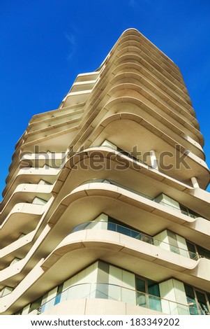 HAMBURG, GERMANY - MARCH 08: Marco Polo Tower on March 08, 2014 in Hamburg. It is located in the development area HafenCity and is designed by Behnisch architects.