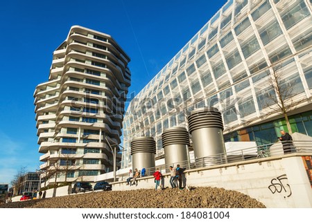 HAMBURG, GERMANY - MARCH 08: Marco Polo Tower on March 08, 2014 in Hamburg. The residential tower was designed by Behnisch architects and gained 2011 the architecture award concrete.