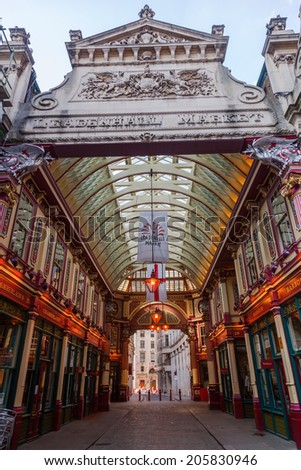LONDON - MAY 18: Leadenhall Market on May 18, 2014 in London. It is one of the oldest markets in London, dating back to the 14th century, and is located in the historic centre of the City of London