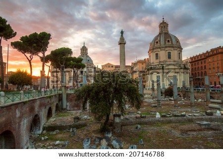ROME - JULY 01: at Imperial Fora with unidentified people on July 01, 2014 in Rome. It is a series of monumental fora constructed between 46 BC and 113 AD. They were the center of the Roman Empire.