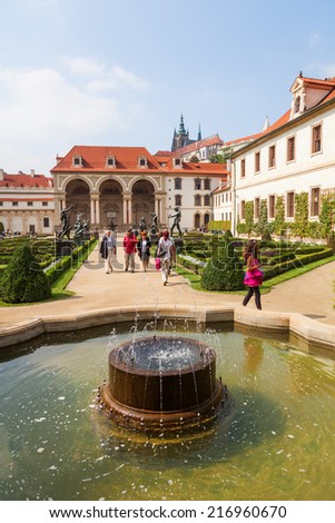 PRAGUE, CZECHIA - SEPTEMBER 04: park of the Wallenstein Palace with unidentified people on September 04, 2014 in Prague. Its a Baroque palace in the lesser town, currently the home of the Czech Senate