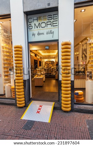AMSTERDAM, NETHERLANDS - NOVEMBER 13: Cheese and More shop on November 13, 2014 in Amsterdam. The shop by Henri Willig is a luxury cheese souvenir shop with traditional self-produced cheese
