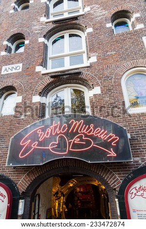 AMSTERDAM, NETHERLANDS - NOVEMBER 13: erotic museum in the red light district on November 13, 2014 in Amsterdam. The district is world reknown and a famous attraction for tourists.