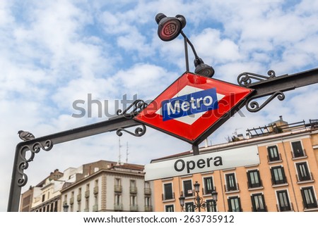 MADRID, SPAIN - MARCH 17, 2015: historical Metro sign at the station Opera on the Plaza Isabel II in Madrid. With 296 km Madrid has the 5th longest Metro network in the world