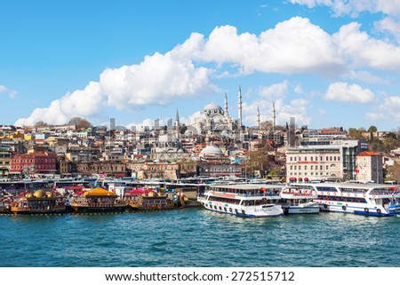 ISTANBUL, TURKEY - APRIL 10, 2015: view over the Golden Horn on the old town of Istanbul with the Sueleymaniye Mosque. Istanbul is the largest city in Turkey and a famous travel destination