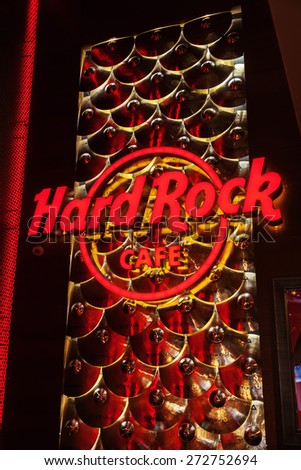 ISTANBUL, TURKEY-APRIL09,2015: logo of the Hard Rock Cafe.  Its a chain of theme restaurants covering its walls with rock and roll memorabilia. Here exists an original guitar of Gene Simmons
