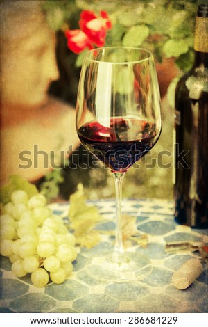 vintage style picture of a still life of a glass red wine with wine grapes on a table with a romantic garden in the background