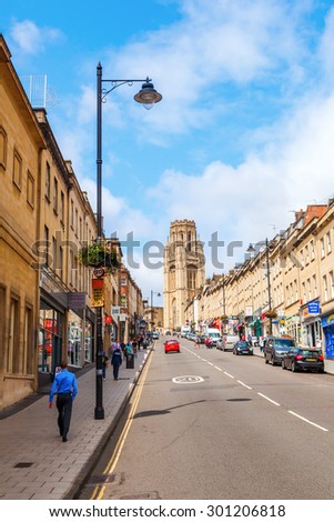 BRISTOL, ENGLAND-JULY 08,2015: city view with the Wills Memorial Building, that is Neo Gothic, designed by Sir George Oatley and built as memorial to Henry Overton Wills III - with unidentified people