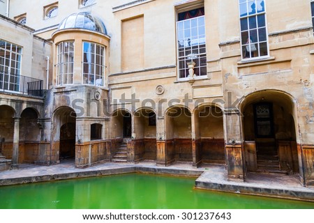 BATH, ENGLAND - JULY 04, 2015: inside of Roman Baths, which is a site of historical interest in the city of Bath. The house is a well-preserved Roman site for public bathing