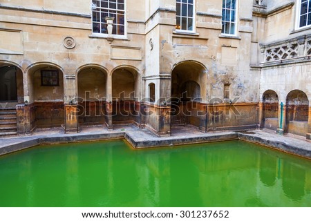 BATH, ENGLAND - JULY 04, 2015: inside of Roman Baths which is a site of historical interest in the city of Bath. The house is a well-preserved Roman site for public bathing