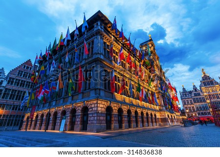 ANTWERP, BELGIUM - SEPTEMBER 02, 2015: old city hall at the Great Market Square at night. Antwerp is the capital of Antwerp province and with a population of 510,610 the most populous city in Belgium