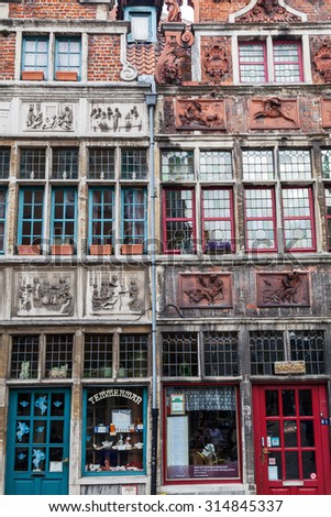GHENT, BELGIUM - SEPTEMBER 02, 2015: facade of a historical building in the old town of Ghent. With about 240,000 Ghent is Belgiums 2nd largest municipality by number of inhabitants
