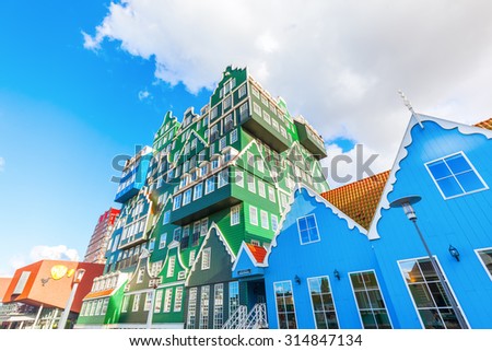 ZAANDAM, NETHERLANDS - SEPTEMBER 02, 2015: unique Inntel Hotel Zaandam.  The structure is a lively stacking of various examples of traditional houses found in the Zaan region