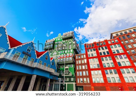 ZAANDAM, NETHERLANDS - SEPTEMBER 02, 2015: unique Inntel Hotel Zaandam.  The structure is a lively stacking of various examples of traditional houses found in the Zaan region